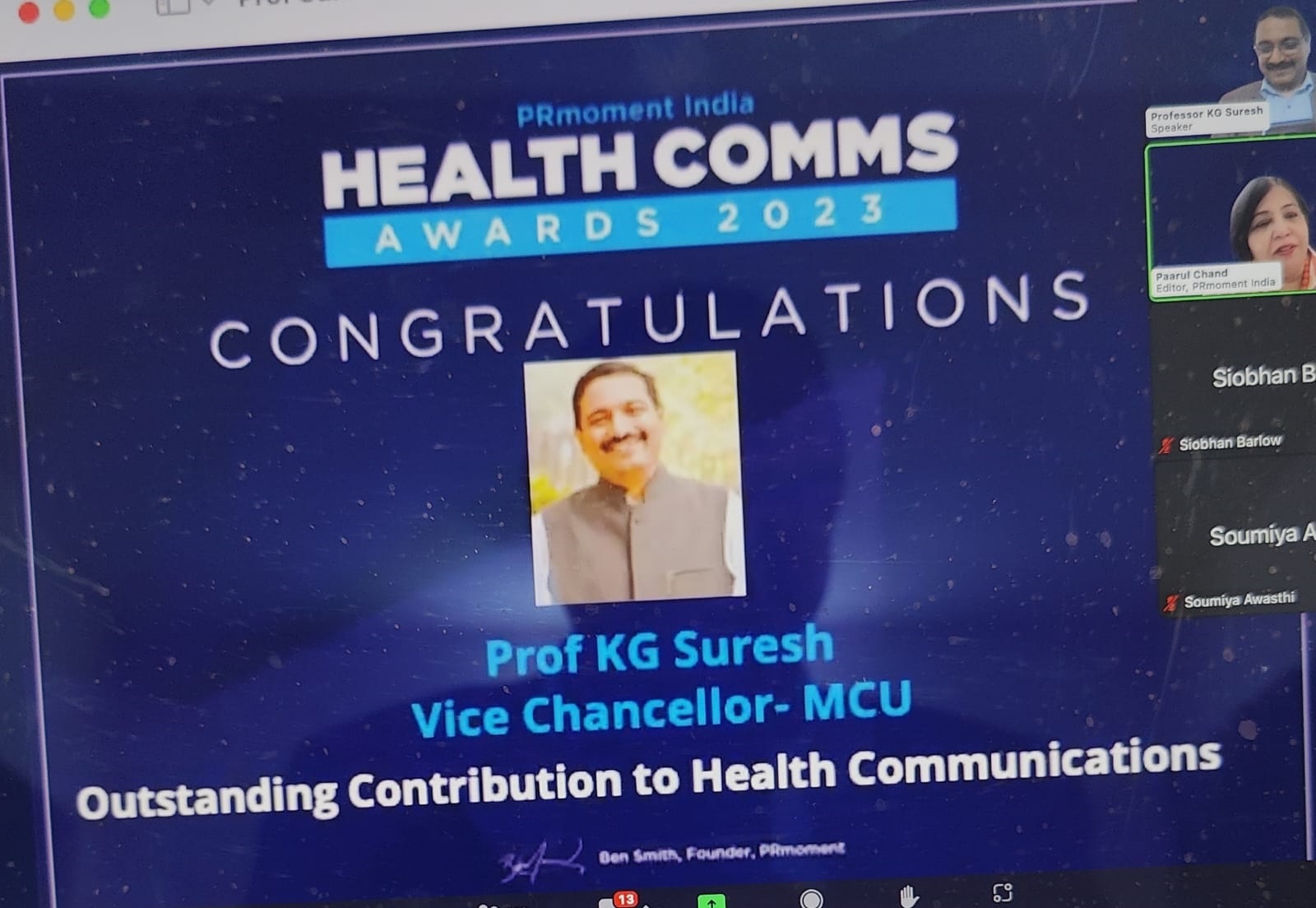 एमसीयू कुलपति हुए स्वास्थ संचार के लिए सम्मानित
