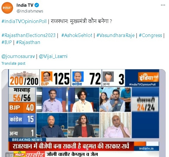 राजस्थान विधानसभा चुनाव के लिए इंडिया टीवी का  सीएनएक्स ओपिनियन पोल